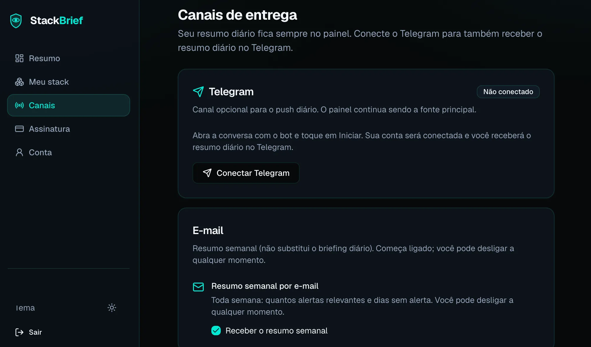 StackBrief channels settings with Telegram connect and weekly email option