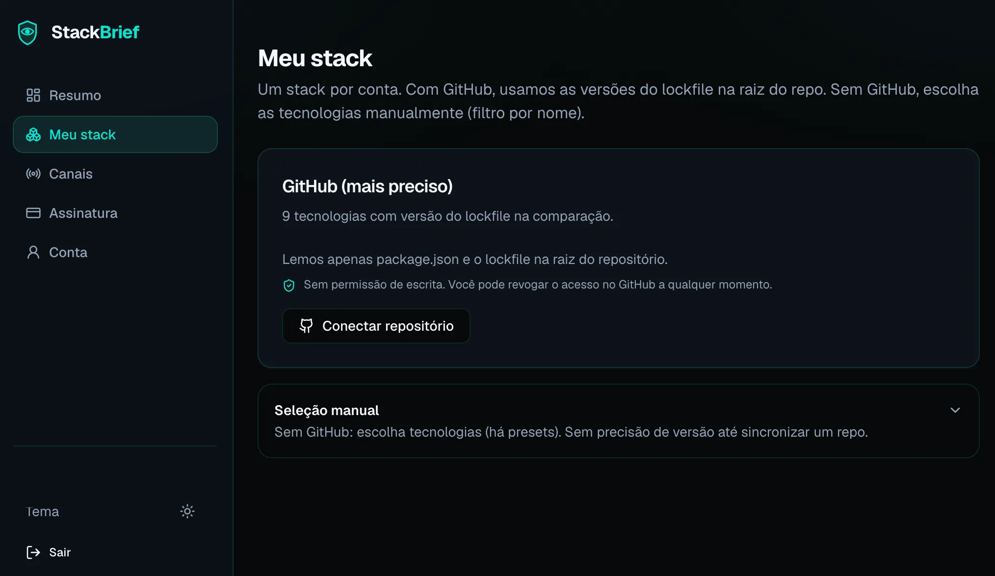 StackBrief stack settings with GitHub connect and manual selection options