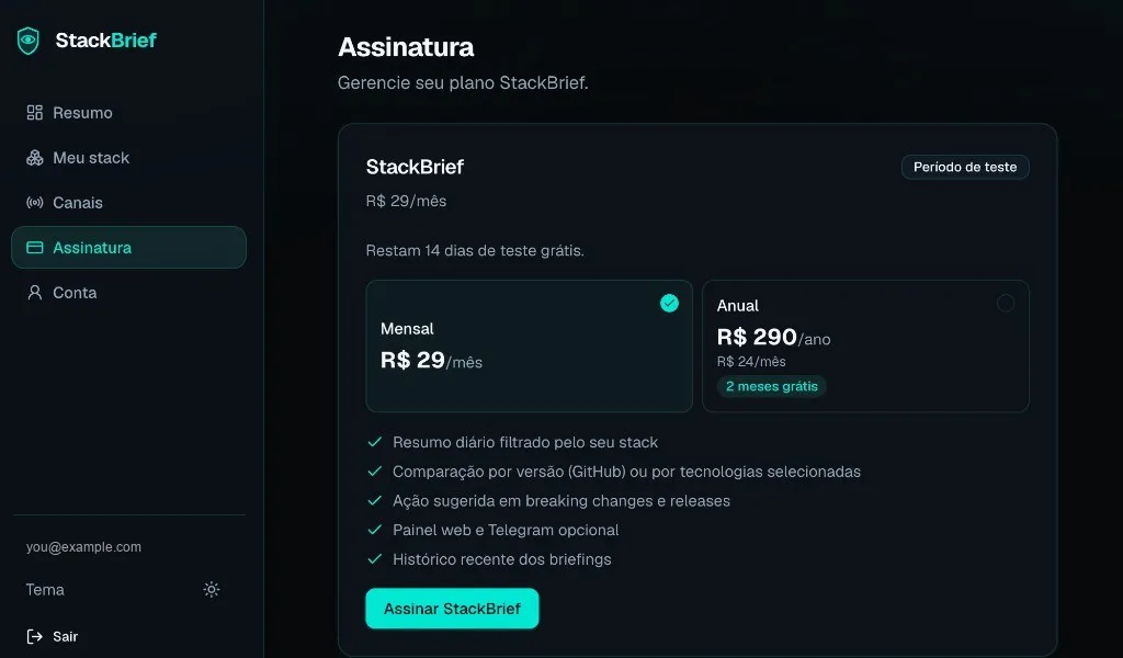 StackBrief subscription screen with monthly and annual plans during trial