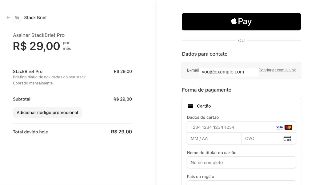 Stripe Checkout for StackBrief Pro monthly subscription in Brazilian Real