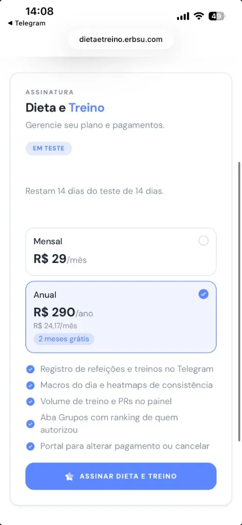 Dieta e Treino subscription screen with monthly and annual plans during 14-day trial