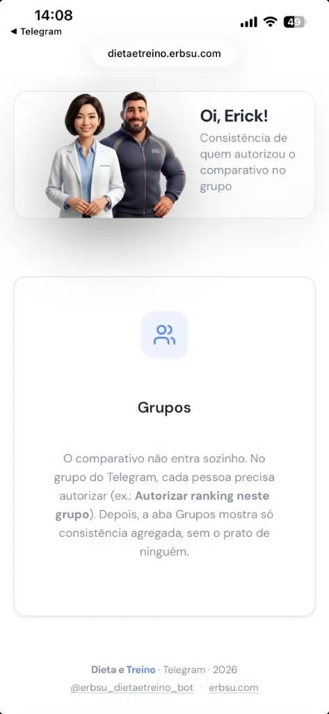 Dieta e Treino Groups tab explaining opt-in ranking and privacy for peer comparison
