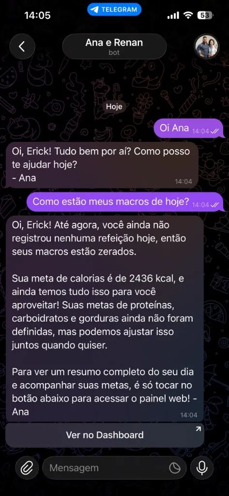 Telegram chat with Ana e Renan bot showing macro summary and Ver no Dashboard button