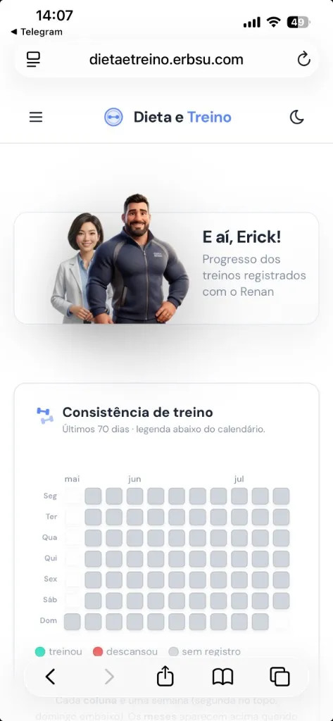 Dieta e Treino training tab with workout consistency heatmap
